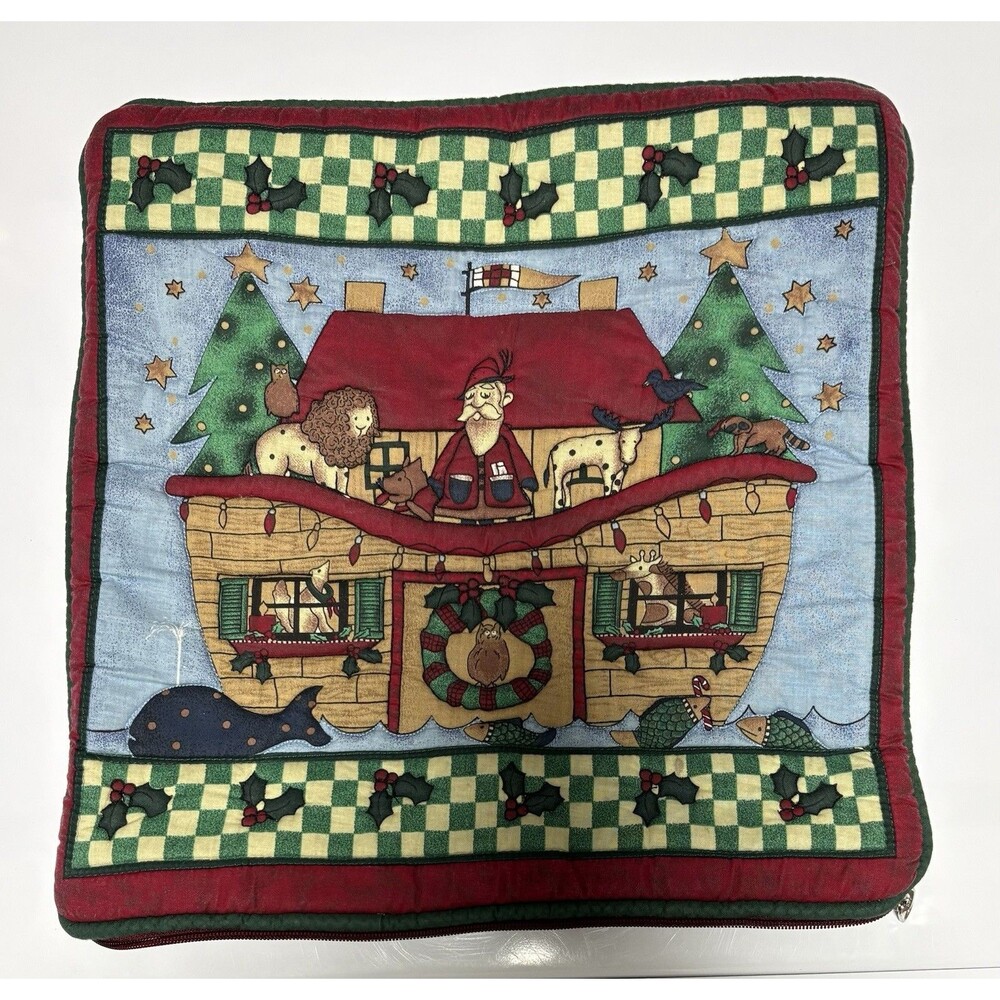 Christmas Santa /Noah’s Ark With Animals Quilted  Throw Pillow Cover Only